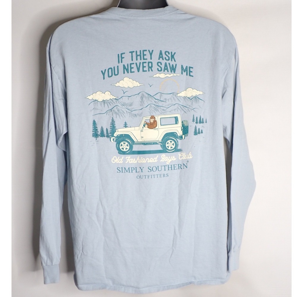 Simply Southern Men's Bigfoot Sasquatch Long Sleeve Graphic T-Shirt Large Blue